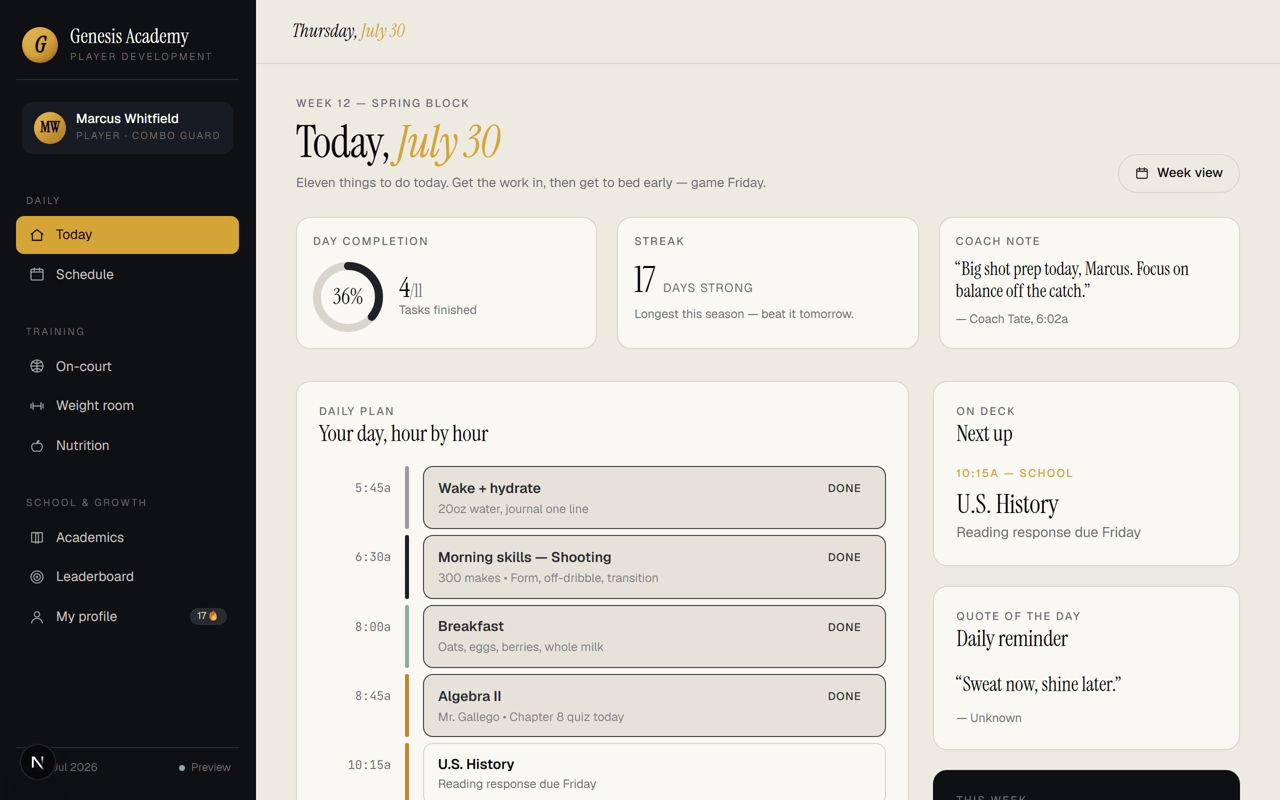 The Genesis app showing an athlete's daily training plan